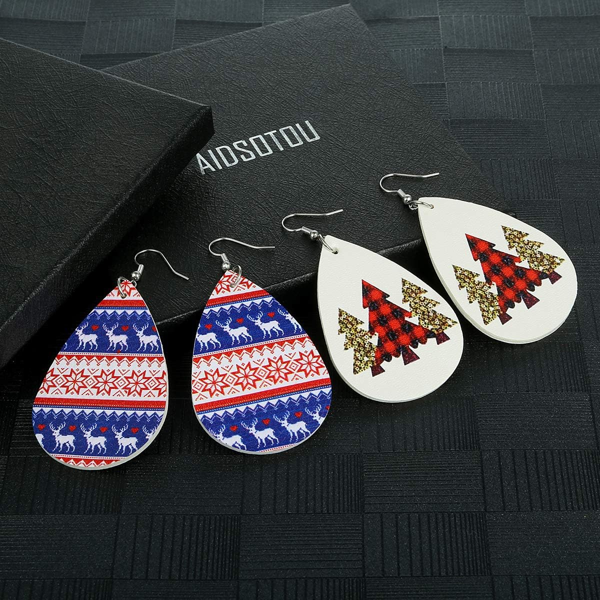 Christmas Faux Leather Earrings for Women Teardrop Dangle Earrings Plaid Petal Drop Earring Xmas Jewelry Accessory Gifts 16 Pairs - 我的商店我的商店我的商店