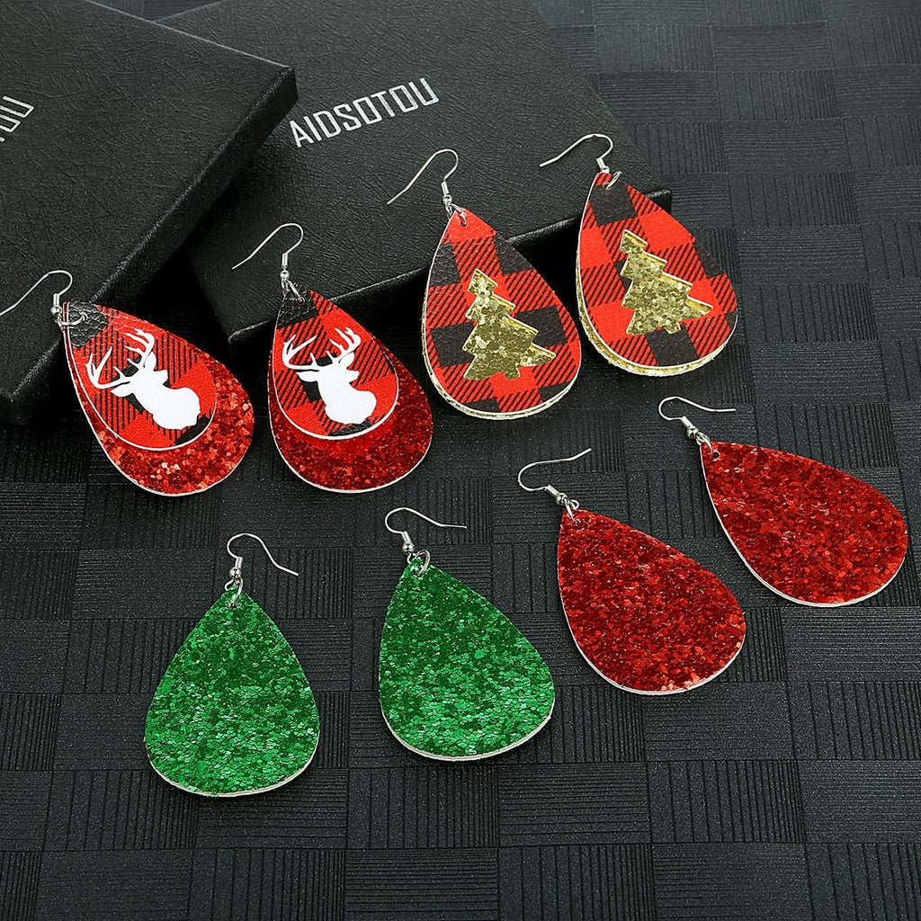 Christmas Faux Leather Earrings for Women Teardrop Dangle Earrings Plaid Petal Drop Earring Xmas Jewelry Accessory Gifts 16 Pairs - 我的商店我的商店我的商店