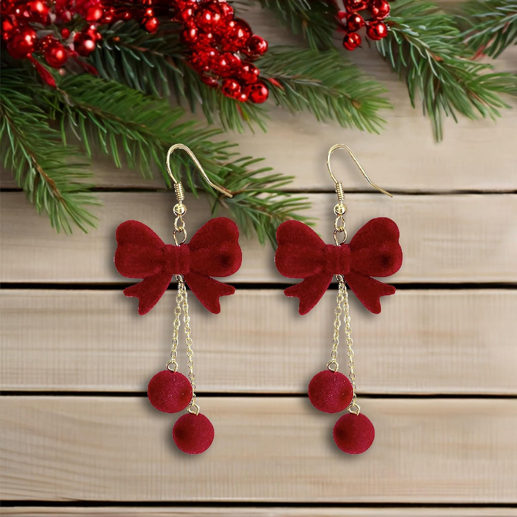 Christmas Festive Bowknot Red Snowball Dangle Fish Hook Dangling Hypoallergenic Christmas Earrings Festival Party Jewelry Gifts for Women - QIAO Crystal我的商店QIAO Crystal