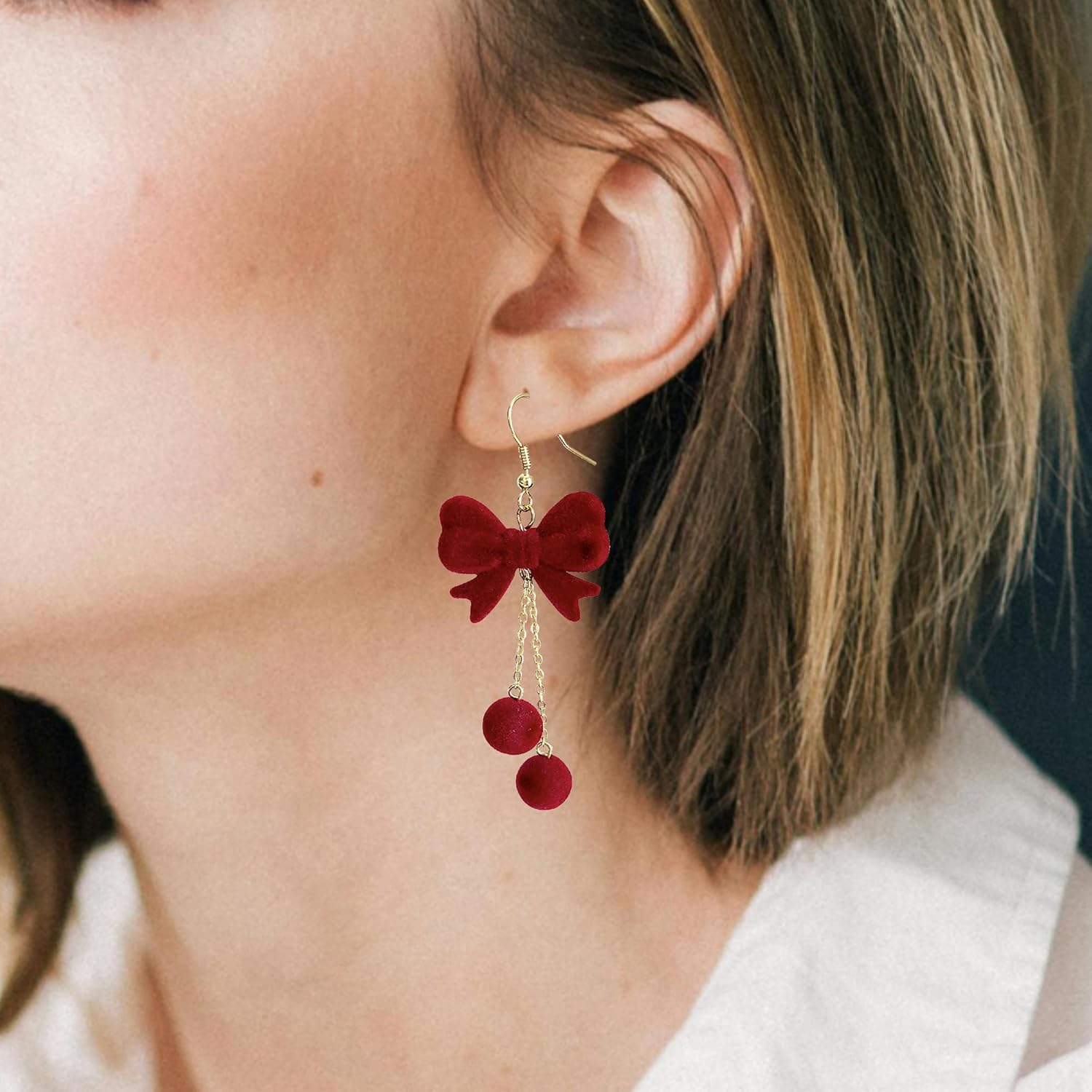 Christmas Festive Bowknot Red Snowball Dangle Fish Hook Dangling Hypoallergenic Christmas Earrings Festival Party Jewelry Gifts for Women - QIAO Crystal我的商店QIAO Crystal
