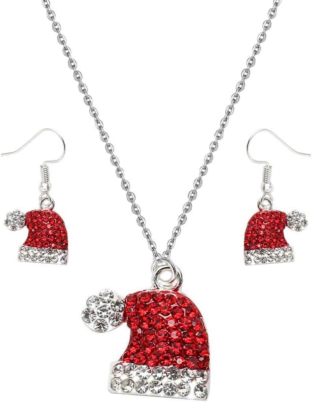 Christmas Gift Rhinestone Elk Stud Earrings for Women Red Crystal Santa Hat Dangle Earrings Necklace Set - 我的商店我的商店我的商店