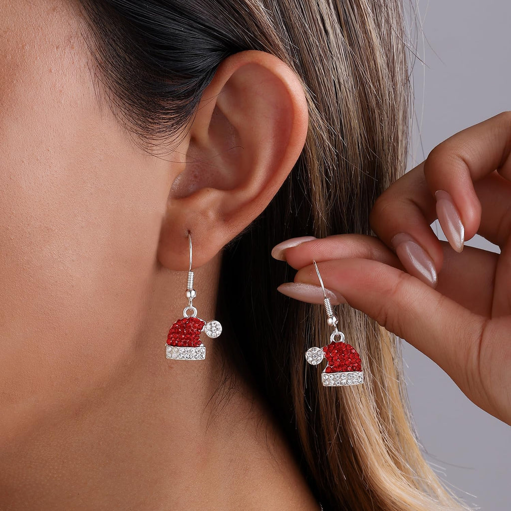 Christmas Gift Rhinestone Elk Stud Earrings for Women Red Crystal Santa Hat Dangle Earrings Necklace Set - 我的商店我的商店我的商店