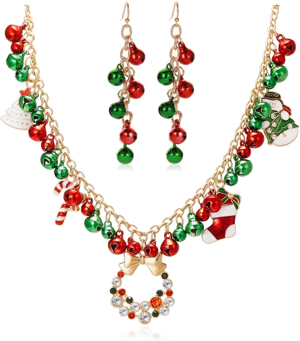 Christmas Jewelry for Women Christmas Earrings Necklace Set Jingle Bell Red Green Beaded Xmas Neckalce Earrings Set Stocking Stuffers - QIAO Crystal我的商店QIAO Crystal
