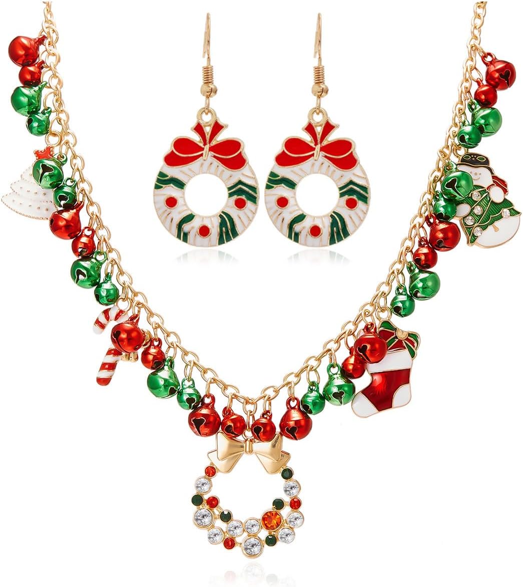 Christmas Jewelry for Women Christmas Earrings Necklace Set Jingle Bell Red Green Beaded Xmas Neckalce Earrings Set Stocking Stuffers - QIAO Crystal我的商店QIAO Crystal
