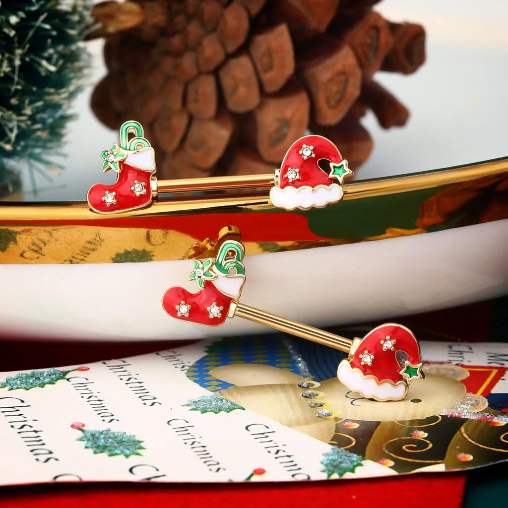Christmas Nipple rings Piercing Women Surgical Steel Nipple ring With Santa Hat and Shoes Nipple Piercing Jewelry - 我的商店我的商店我的商店
