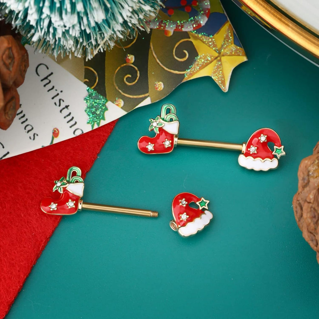Christmas Nipple rings Piercing Women Surgical Steel Nipple ring With Santa Hat and Shoes Nipple Piercing Jewelry - 我的商店我的商店我的商店