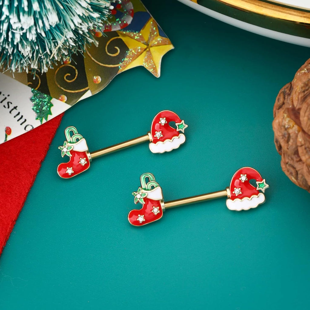 Christmas Nipple rings Piercing Women Surgical Steel Nipple ring With Santa Hat and Shoes Nipple Piercing Jewelry - 我的商店我的商店我的商店