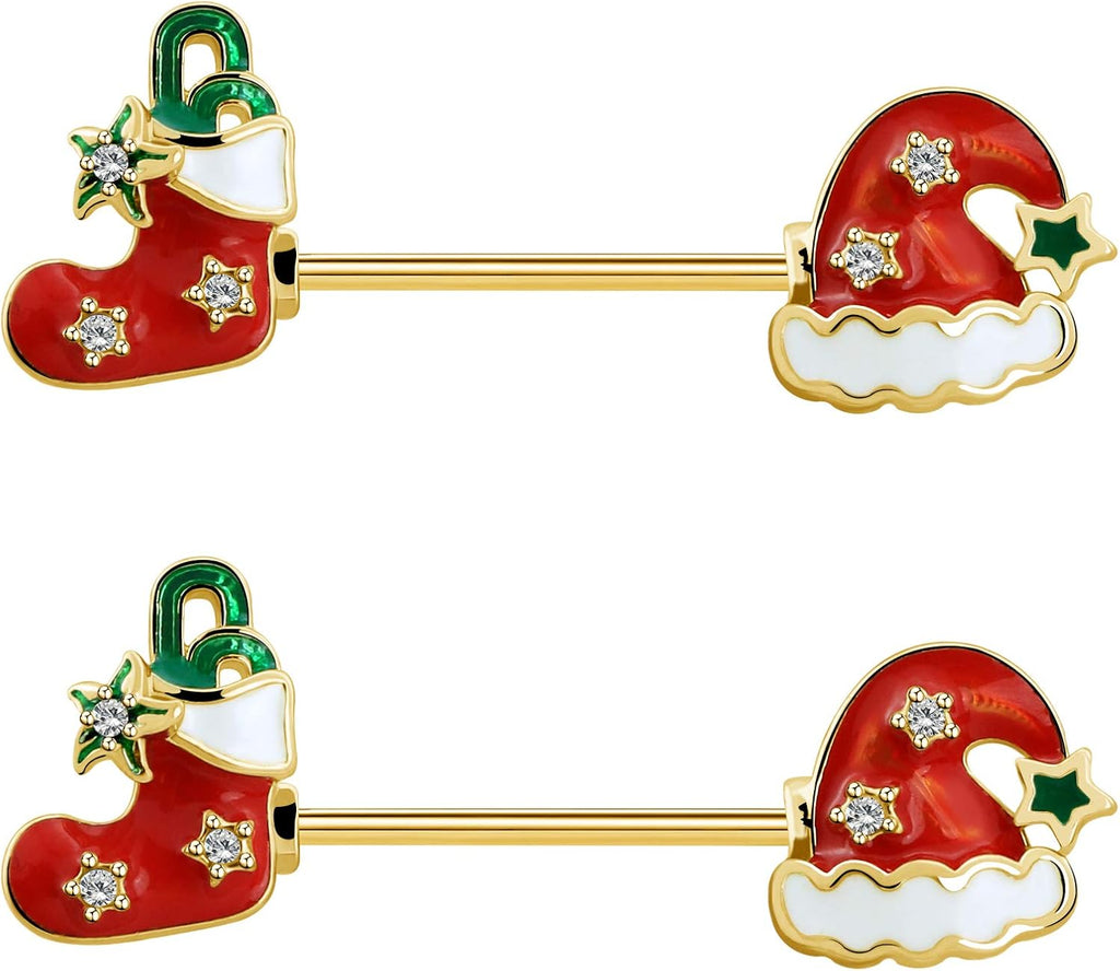 Christmas Nipple rings Piercing Women Surgical Steel Nipple ring With Santa Hat and Shoes Nipple Piercing Jewelry - 我的商店我的商店我的商店