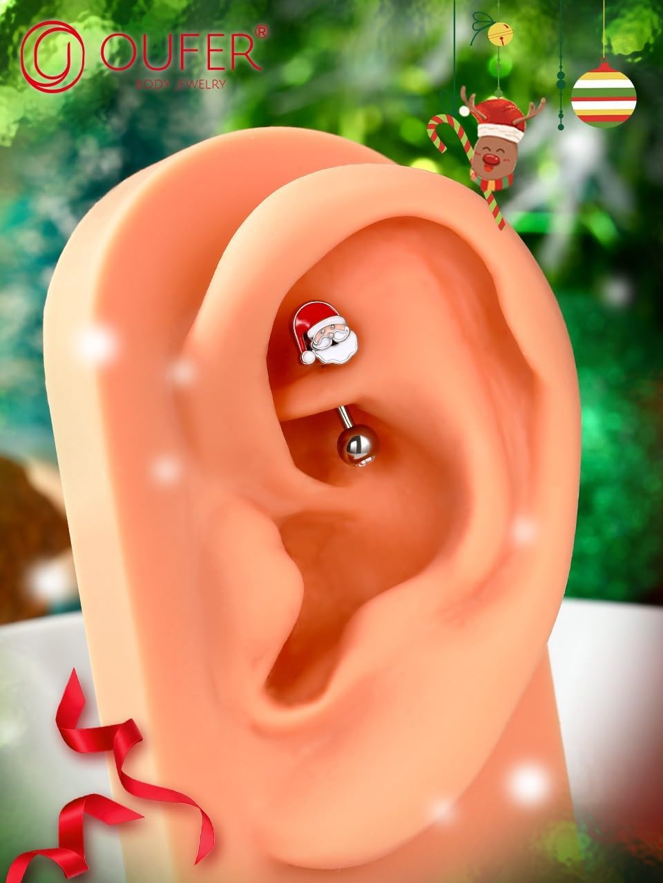 Christmas Rook Piercing Jewelry, 316L Surgical Steel Eyebrow Piercing Jewelry, Santa Claus Eyebrow Rings, 16G Curved Barbells, Daith Rook Earrings for Women Men - 我的商店我的商店我的商店