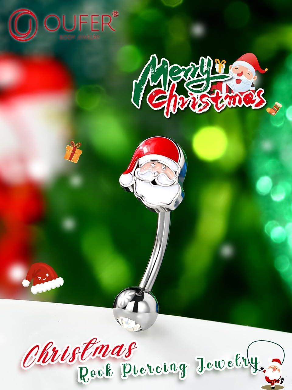 Christmas Rook Piercing Jewelry, 316L Surgical Steel Eyebrow Piercing Jewelry, Santa Claus Eyebrow Rings, 16G Curved Barbells, Daith Rook Earrings for Women Men - 我的商店我的商店我的商店