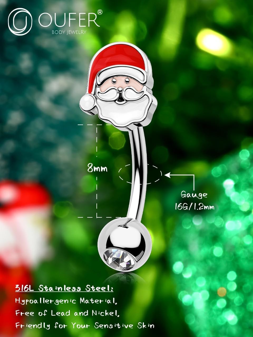 Christmas Rook Piercing Jewelry, 316L Surgical Steel Eyebrow Piercing Jewelry, Santa Claus Eyebrow Rings, 16G Curved Barbells, Daith Rook Earrings for Women Men - 我的商店我的商店我的商店
