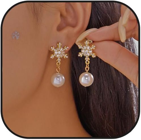 Christmas Snowflake Earring for Women Dainty Snowflake Pearl Drop Dangle Earrings Sparkly White Zirconia Snowflakes Stud Earrings Christmas costume Jewelry Gifts - 我的商店我的商店我的商店