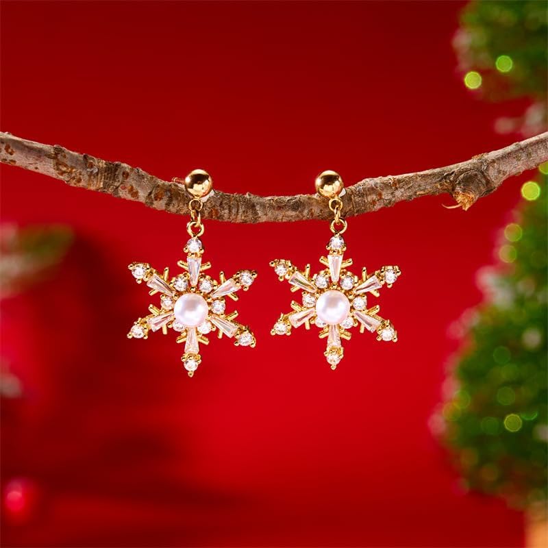 Christmas Snowflake Earring for Women Dainty Snowflake Pearl Drop Dangle Earrings Sparkly White Zirconia Snowflakes Stud Earrings Christmas costume Jewelry Gifts - 我的商店我的商店我的商店