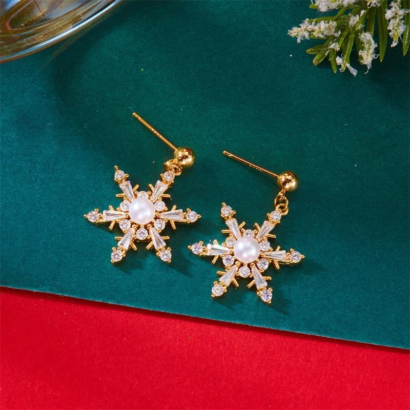 Christmas Snowflake Earring for Women Dainty Snowflake Pearl Drop Dangle Earrings Sparkly White Zirconia Snowflakes Stud Earrings Christmas costume Jewelry Gifts - 我的商店我的商店我的商店