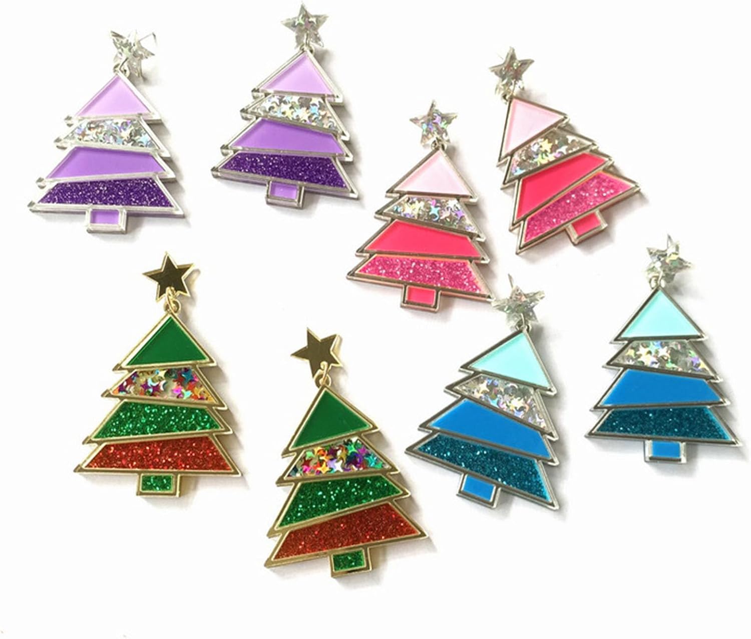 Christmas Sparkling Tree Drop Dangle Colorful Acrylic Earrings Glitter Stars Xmas Party Accessory Holiday Festival Statement Cute Sweet Jewelry Gifts for Women - 我的商店我的商店我的商店