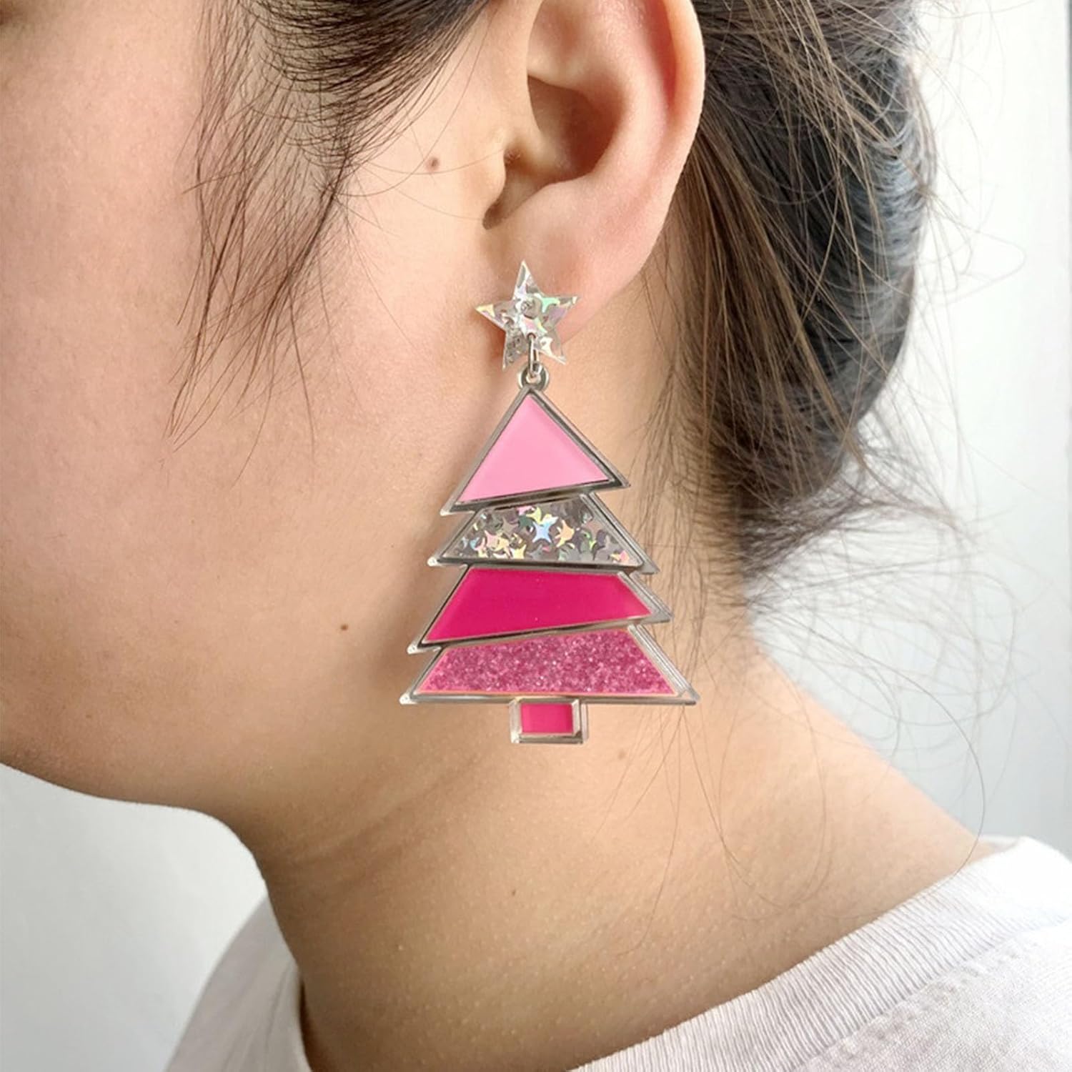 Christmas Sparkling Tree Drop Dangle Colorful Acrylic Earrings Glitter Stars Xmas Party Accessory Holiday Festival Statement Cute Sweet Jewelry Gifts for Women - 我的商店我的商店我的商店