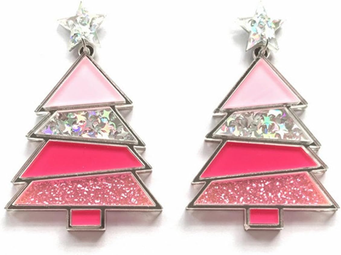 Christmas Sparkling Tree Drop Dangle Colorful Acrylic Earrings Glitter Stars Xmas Party Accessory Holiday Festival Statement Cute Sweet Jewelry Gifts for Women - 我的商店我的商店我的商店