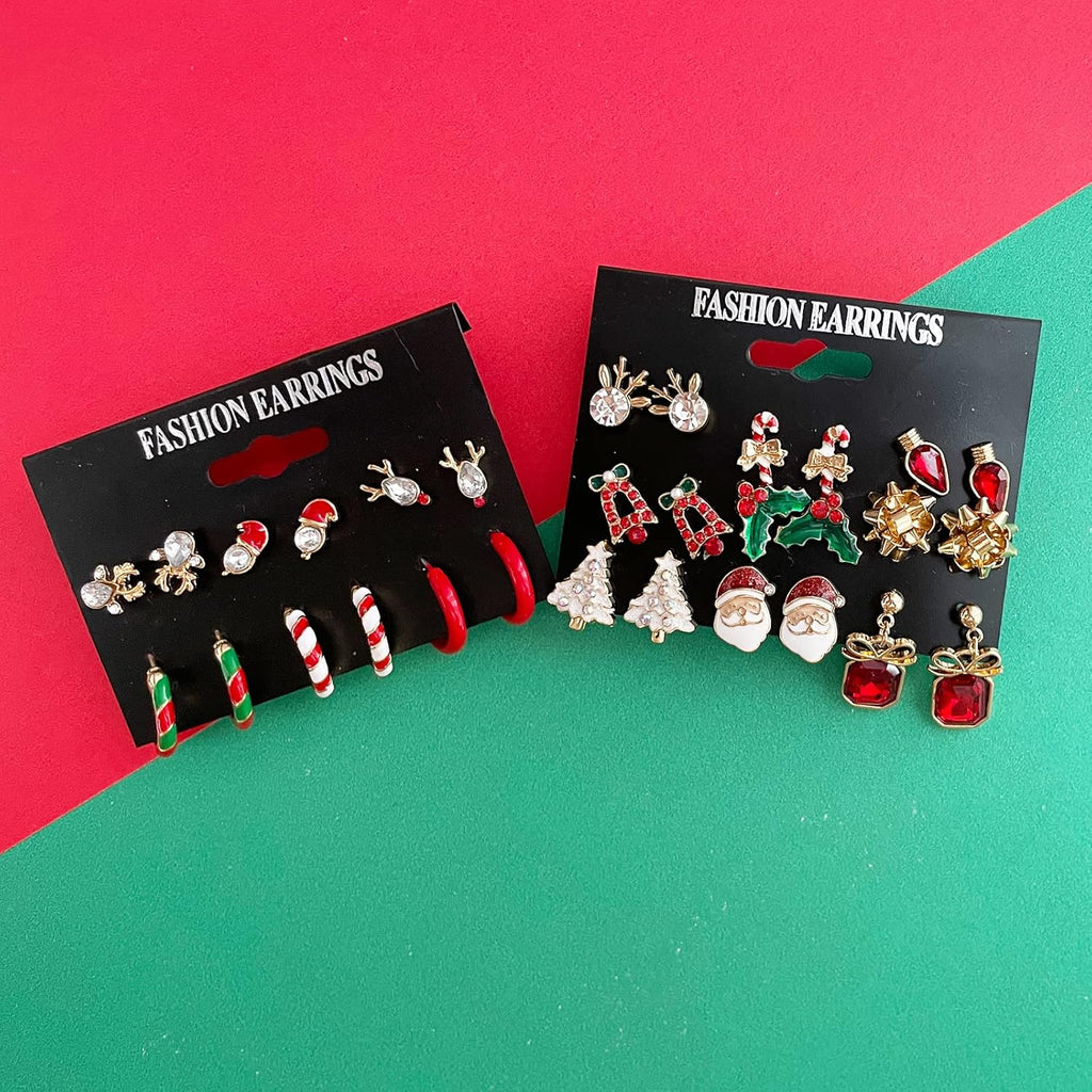 Christmas Stud Earrings for Women Chirstmas Tree Snowflake Bow Gift Box Santa Claus Gingerbread Earrings Set Xmas Holiday Gifts (A - 15 Pairs) - QIAO Crystal我的商店QIAO Crystal