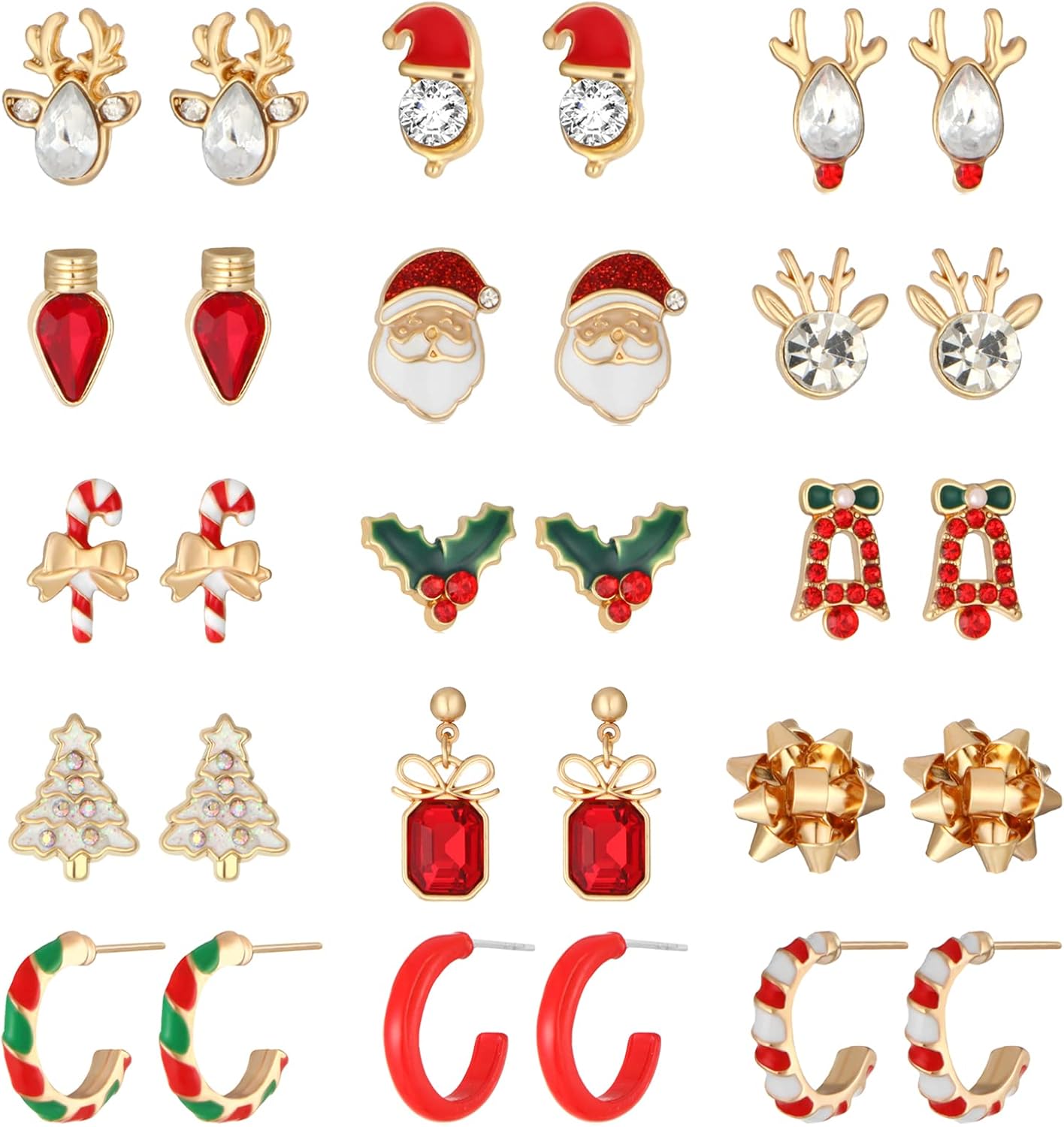 Christmas Stud Earrings for Women Chirstmas Tree Snowflake Bow Gift Box Santa Claus Gingerbread Earrings Set Xmas Holiday Gifts (A - 15 Pairs) - QIAO Crystal我的商店QIAO Crystal
