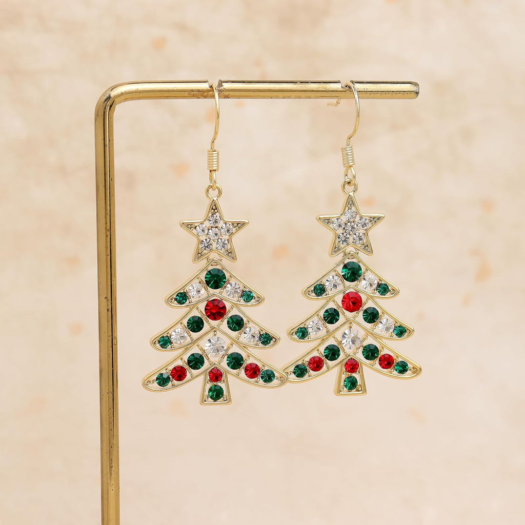 Christmas Tree Dangle Hoop Earrings for Women, Cubic Zirconia Star Sparkly Earring Xmas Holiday Santa Accessories Jewelry Gift - 我的商店我的商店我的商店