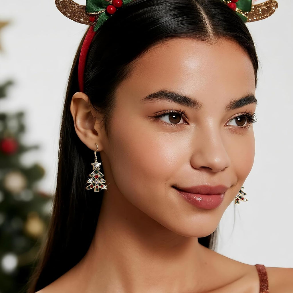 Christmas Tree Dangle Hoop Earrings for Women, Cubic Zirconia Star Sparkly Earring Xmas Holiday Santa Accessories Jewelry Gift - 我的商店我的商店我的商店