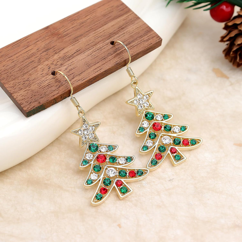Christmas Tree Dangle Hoop Earrings for Women, Cubic Zirconia Star Sparkly Earring Xmas Holiday Santa Accessories Jewelry Gift - 我的商店我的商店我的商店