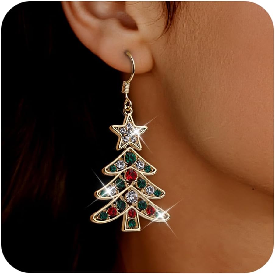 Christmas Tree Dangle Hoop Earrings for Women, Cubic Zirconia Star Sparkly Earring Xmas Holiday Santa Accessories Jewelry Gift - 我的商店我的商店我的商店