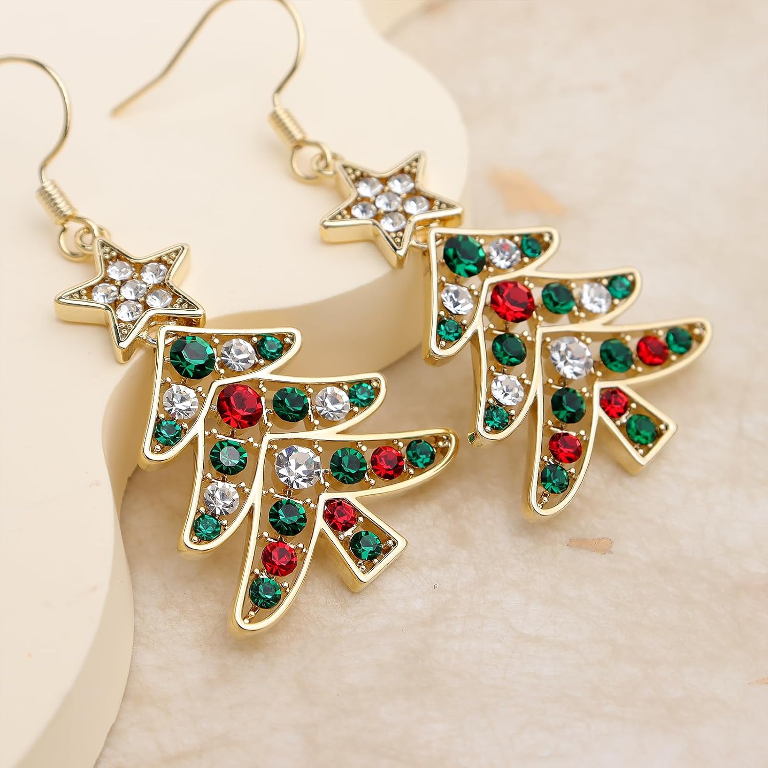 Christmas Tree Dangle Hoop Earrings for Women, Cubic Zirconia Star Sparkly Earring Xmas Holiday Santa Accessories Jewelry Gift - 我的商店我的商店我的商店
