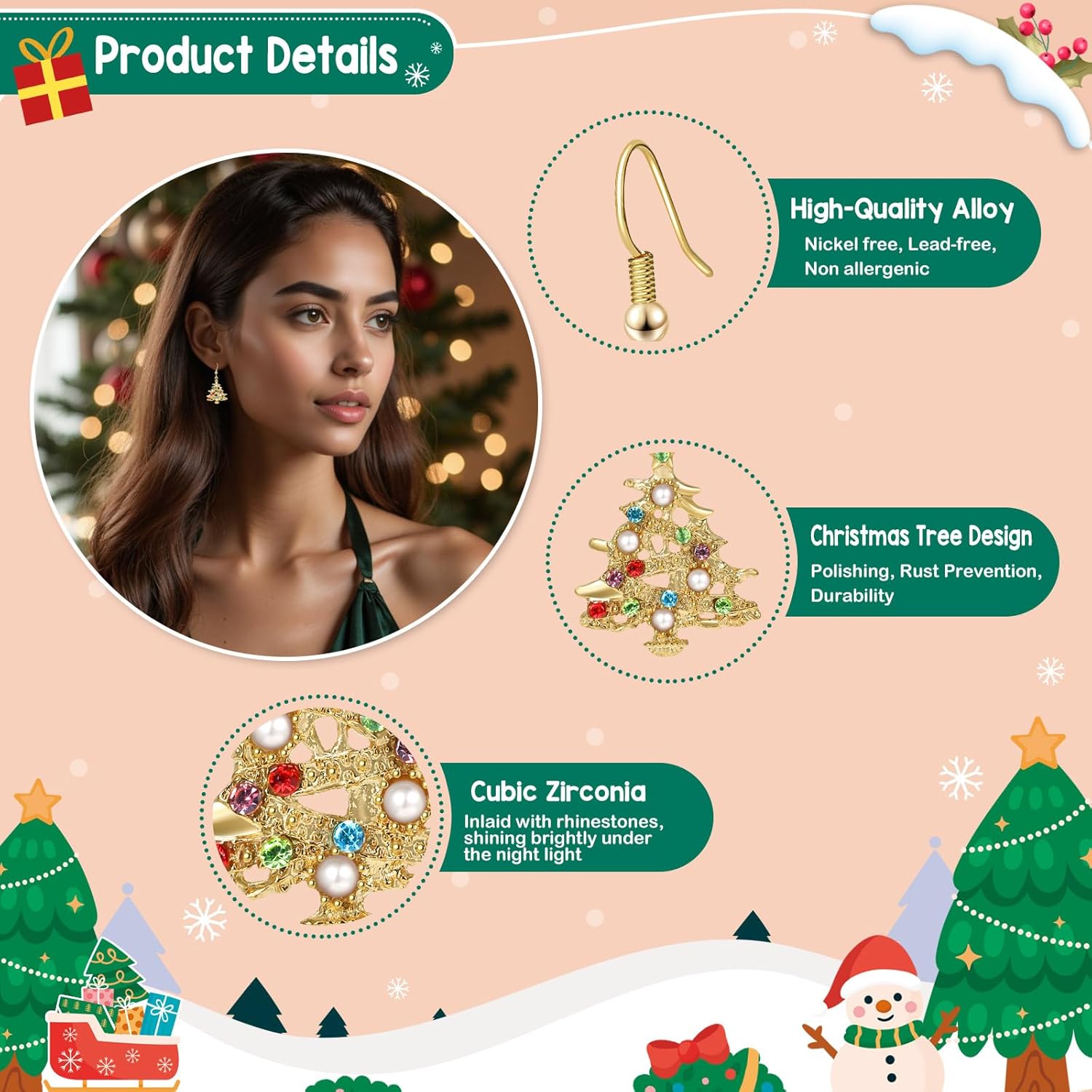 Christmas Tree Earrings for Women Colorful Stones & Pearls Alloy Dangle Earrings Festive Holiday Party Jewelry Gift - 我的商店我的商店我的商店