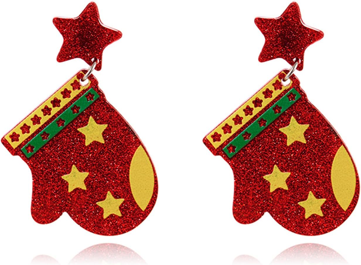 Christmas Tree Earrings for Women Cute Sparkly Acrylic Snowflake Stars Gloves Socks Glitter Lightweight Stud Earrings Party Jewelry Festival Decoration - 我的商店我的商店我的商店