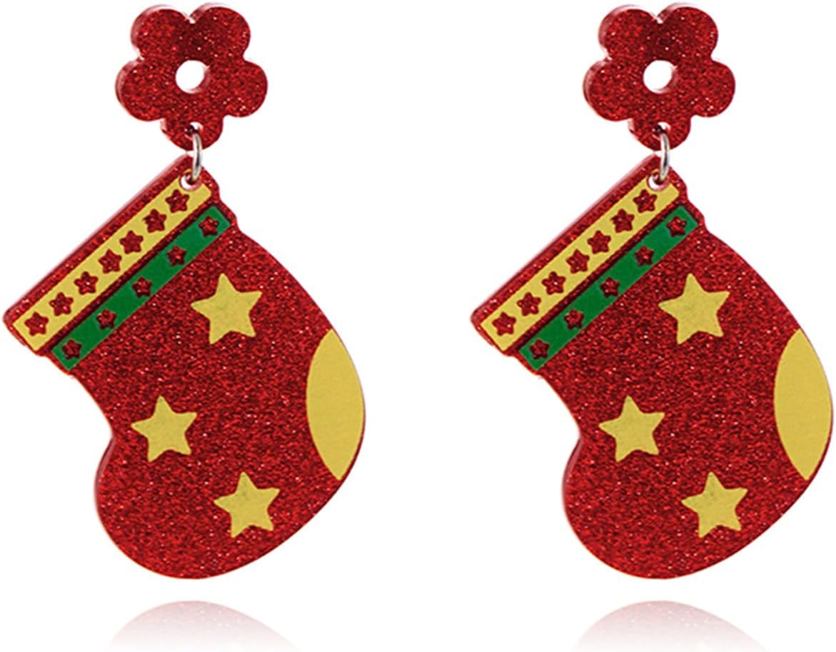 Christmas Tree Earrings for Women Cute Sparkly Acrylic Snowflake Stars Gloves Socks Glitter Lightweight Stud Earrings Party Jewelry Festival Decoration - 我的商店我的商店我的商店