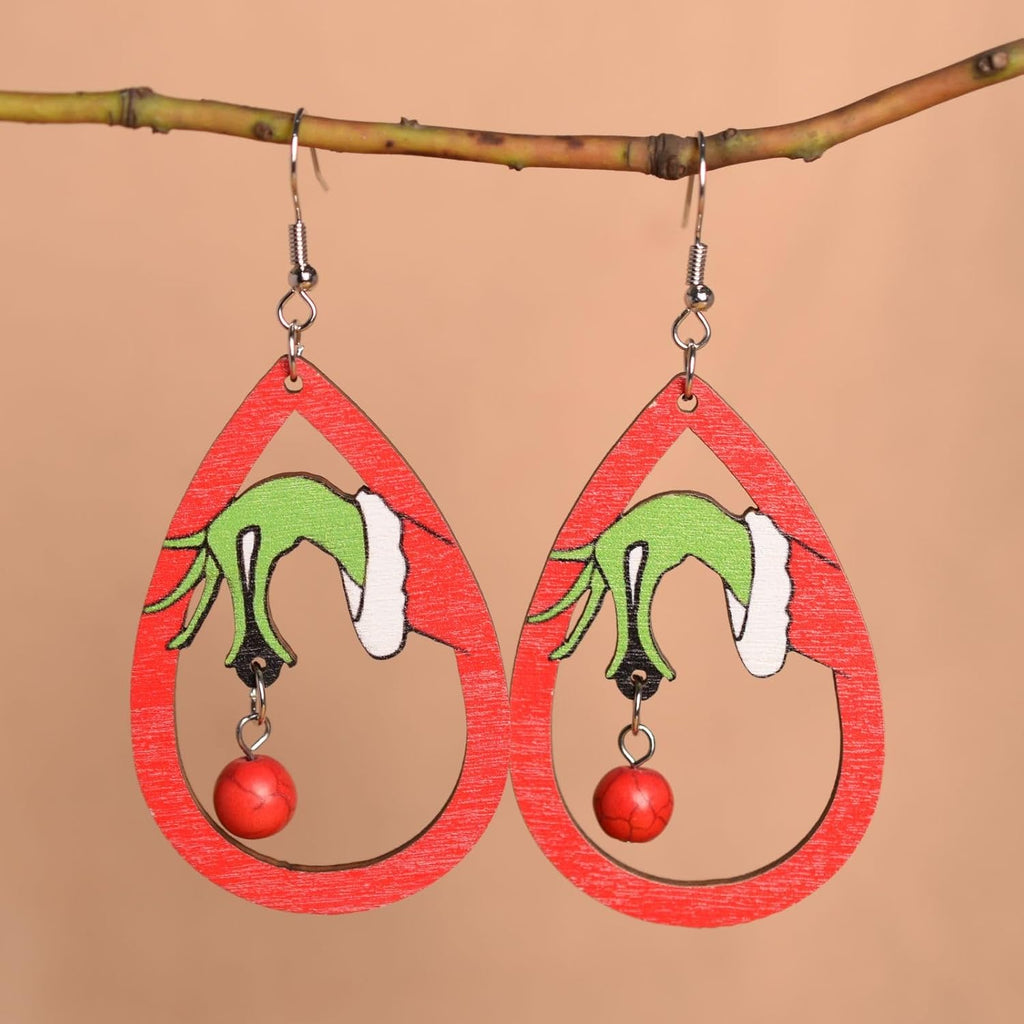 Christmas Tree Earrings for Women - Handmade Wooden Teardrop Dangle Earrings With Red Green Jingle Bells - New Year Party Winter Holiday Jewelry Gift - 我的商店我的商店我的商店