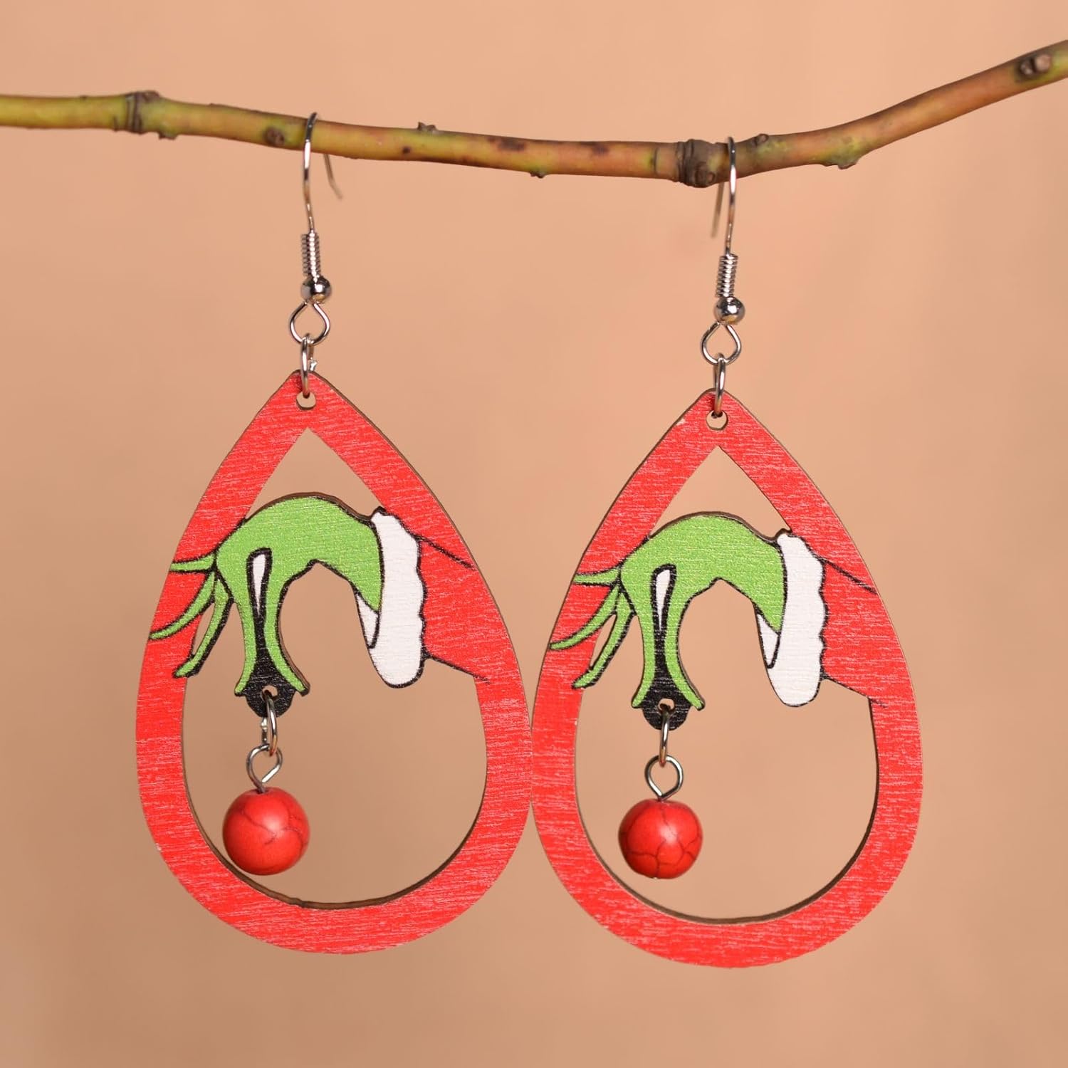 Christmas Tree Earrings for Women - Handmade Wooden Teardrop Dangle Earrings With Red Green Jingle Bells - New Year Party Winter Holiday Jewelry Gift - 我的商店我的商店我的商店