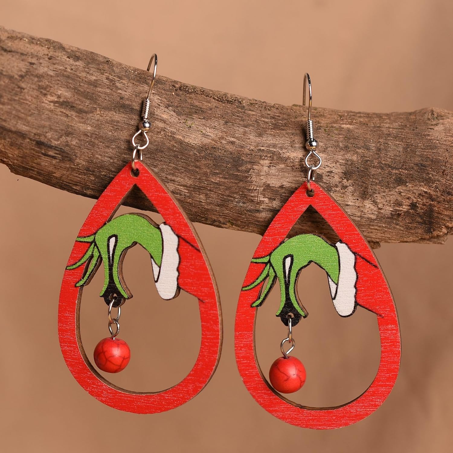 Christmas Tree Earrings for Women - Handmade Wooden Teardrop Dangle Earrings With Red Green Jingle Bells - New Year Party Winter Holiday Jewelry Gift - 我的商店我的商店我的商店