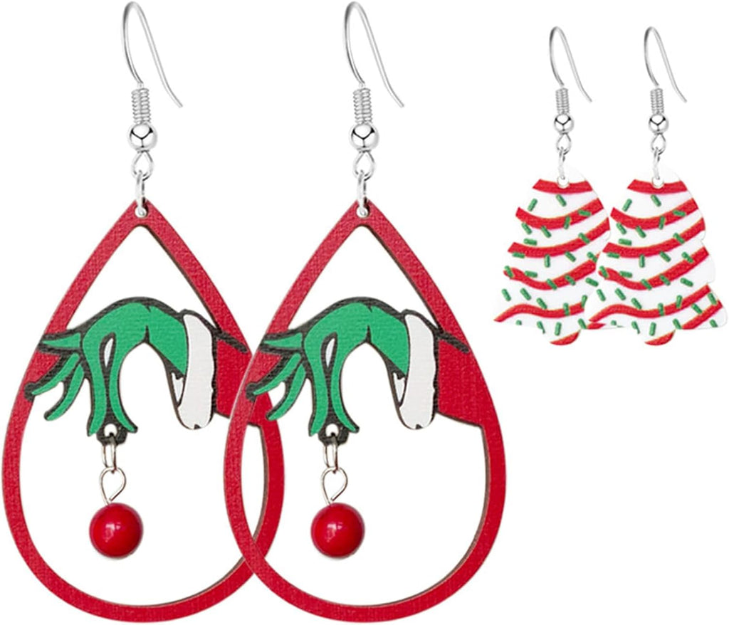 Christmas Tree Earrings for Women - Handmade Wooden Teardrop Dangle Earrings With Red Green Jingle Bells - New Year Party Winter Holiday Jewelry Gift - 我的商店我的商店我的商店