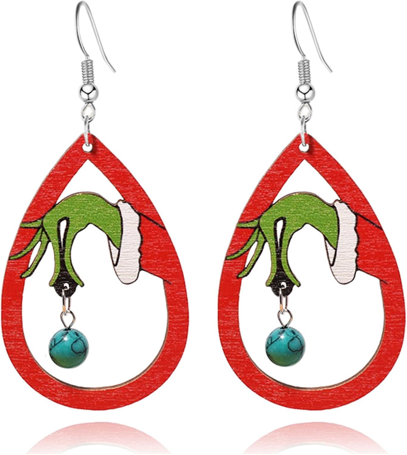 Christmas Tree Earrings for Women - Handmade Wooden Teardrop Dangle Earrings With Red Green Jingle Bells - New Year Party Winter Holiday Jewelry Gift - 我的商店我的商店我的商店
