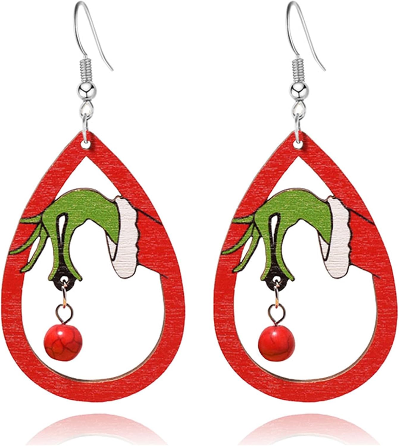 Christmas Tree Earrings for Women - Handmade Wooden Teardrop Dangle Earrings With Red Green Jingle Bells - New Year Party Winter Holiday Jewelry Gift - 我的商店我的商店我的商店