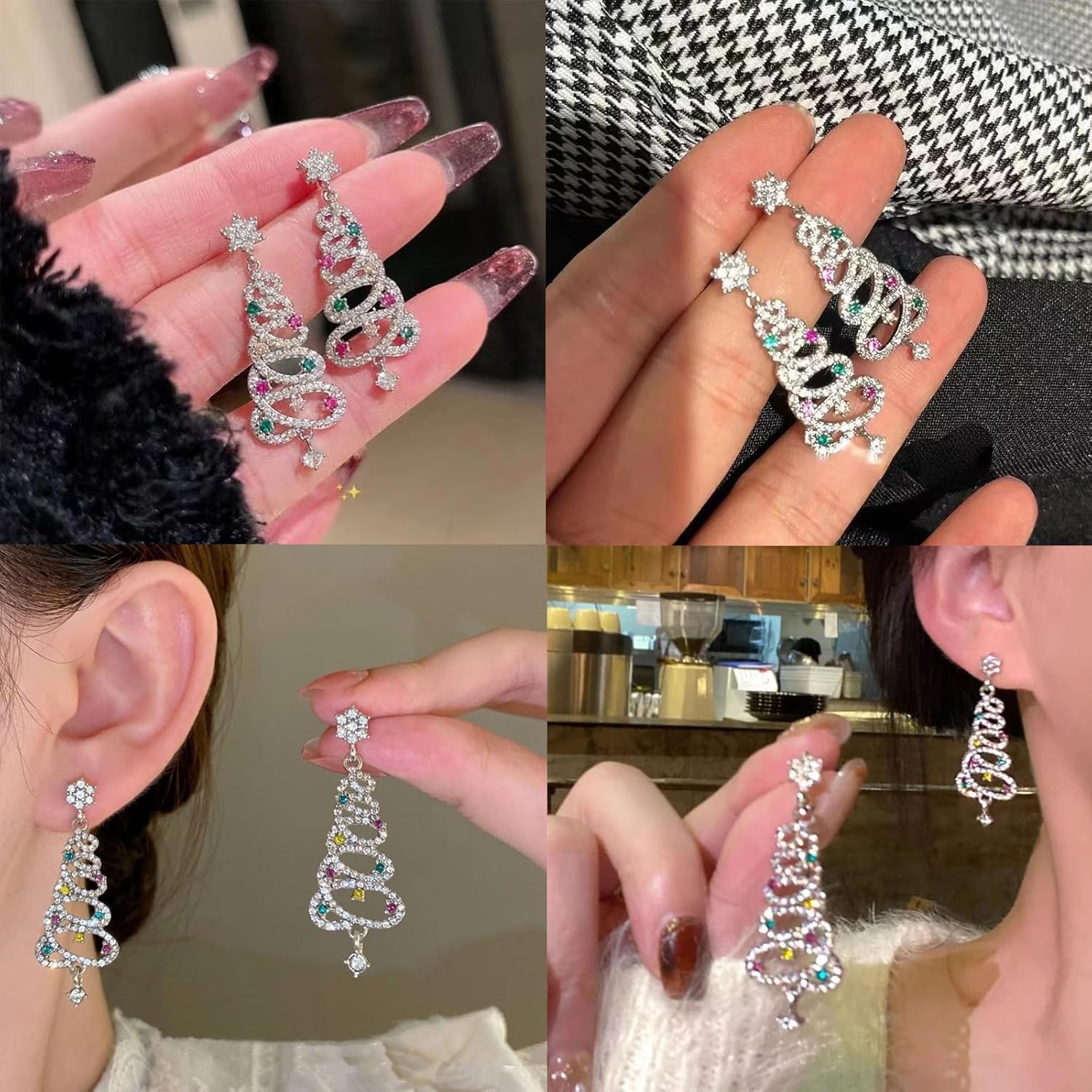 Christmas Tree Earrings for Women Sparkle Rhinestone Christmas Tree Earrings Silver Xmas Tree Earrings Colorful Crystal Christmas Tree Dangle Earrings Christmas Gifts Stocking Stuffers for Women - 我的商店我的商店我的商店