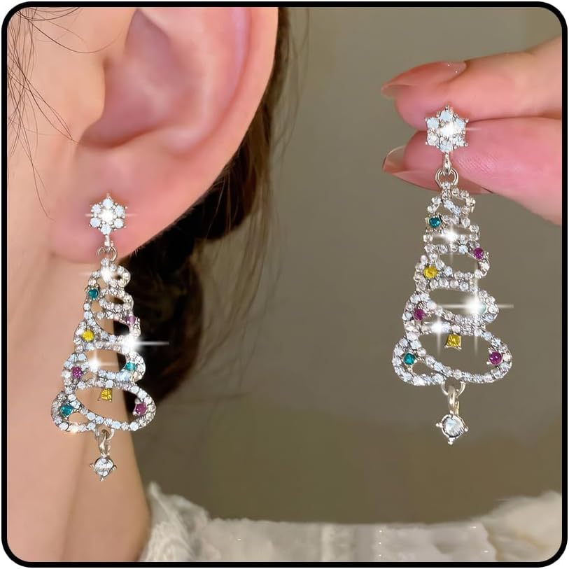 Christmas Tree Earrings for Women Sparkle Rhinestone Christmas Tree Earrings Silver Xmas Tree Earrings Colorful Crystal Christmas Tree Dangle Earrings Christmas Gifts Stocking Stuffers for Women - 我的商店我的商店我的商店