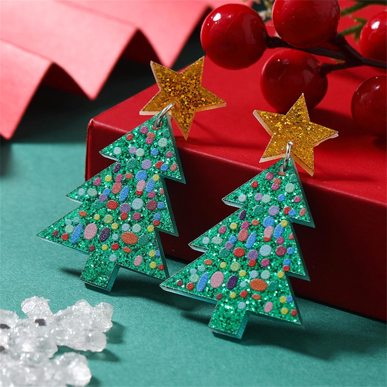 Christmas Tree Earrings - Unique Handmade Acrylic Holiday Earrings in Colourful, Lightweight Drop Dangle Design - Perfect Xmas Gifts - 我的商店我的商店我的商店