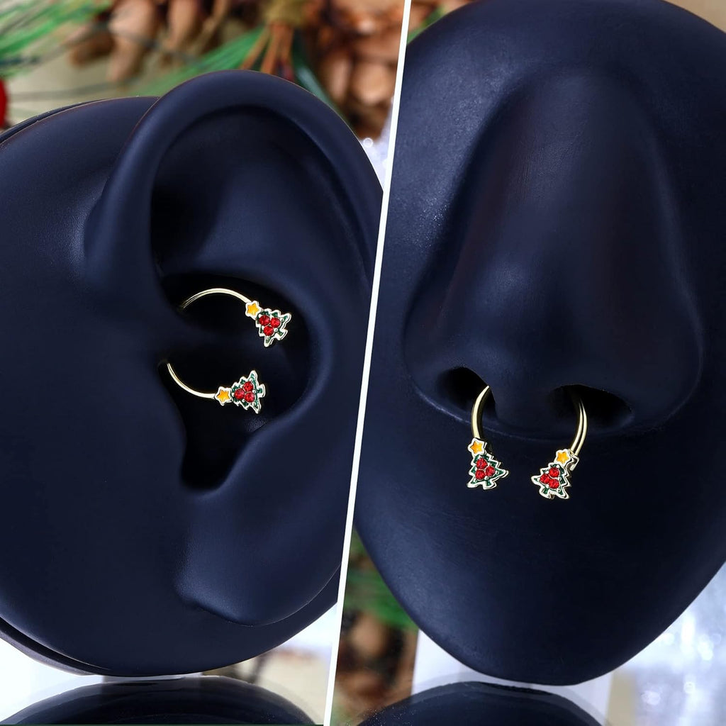 Christmas Tree Septum Ring 16G Septum Piercing Jewelry 316L Stainless Steel Gold Daith Piercing Jewelry 10mm Daith Earrings for Christmas - QIAO CrystalQIAO CrystalQIAO Crystal