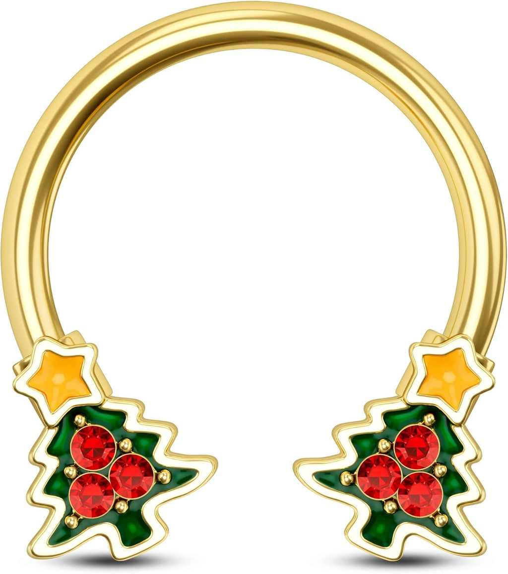 Christmas Tree Septum Ring 16G Septum Piercing Jewelry 316L Stainless Steel Gold Daith Piercing Jewelry 10mm Daith Earrings for Christmas - QIAO CrystalQIAO CrystalQIAO Crystal
