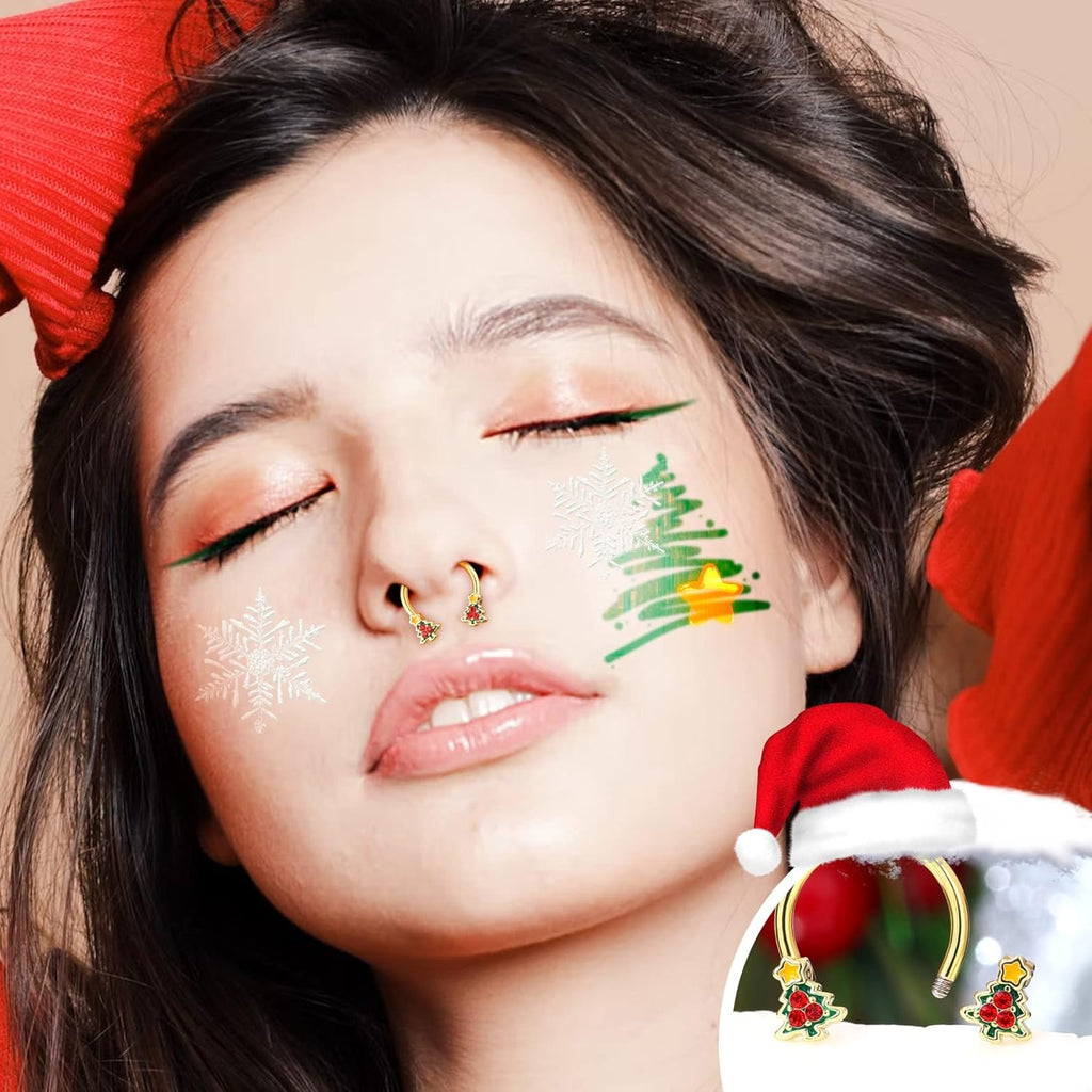 Christmas Tree Septum Ring 16G Septum Piercing Jewelry 316L Stainless Steel Gold Daith Piercing Jewelry 10mm Daith Earrings for Christmas - QIAO CrystalQIAO CrystalQIAO Crystal