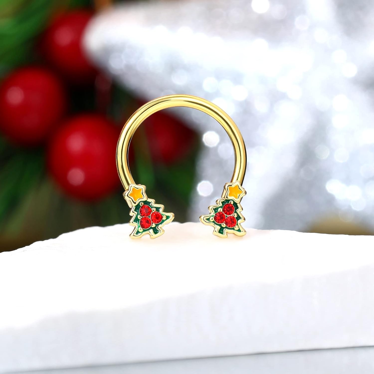 Christmas Tree Septum Ring 16G Septum Piercing Jewelry 316L Stainless Steel Gold Daith Piercing Jewelry 10mm Daith Earrings for Christmas - QIAO CrystalQIAO CrystalQIAO Crystal