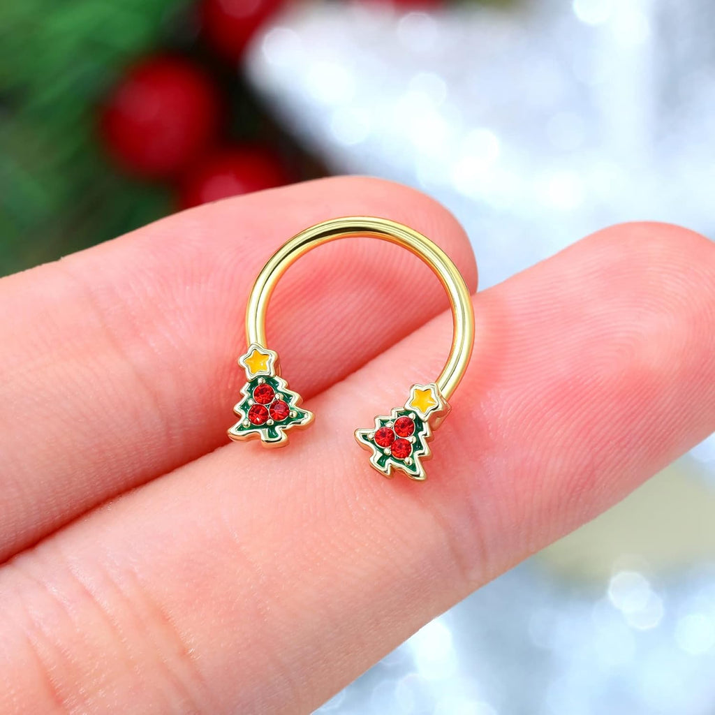 Christmas Tree Septum Ring 16G Septum Piercing Jewelry 316L Stainless Steel Gold Daith Piercing Jewelry 10mm Daith Earrings for Christmas - QIAO CrystalQIAO CrystalQIAO Crystal
