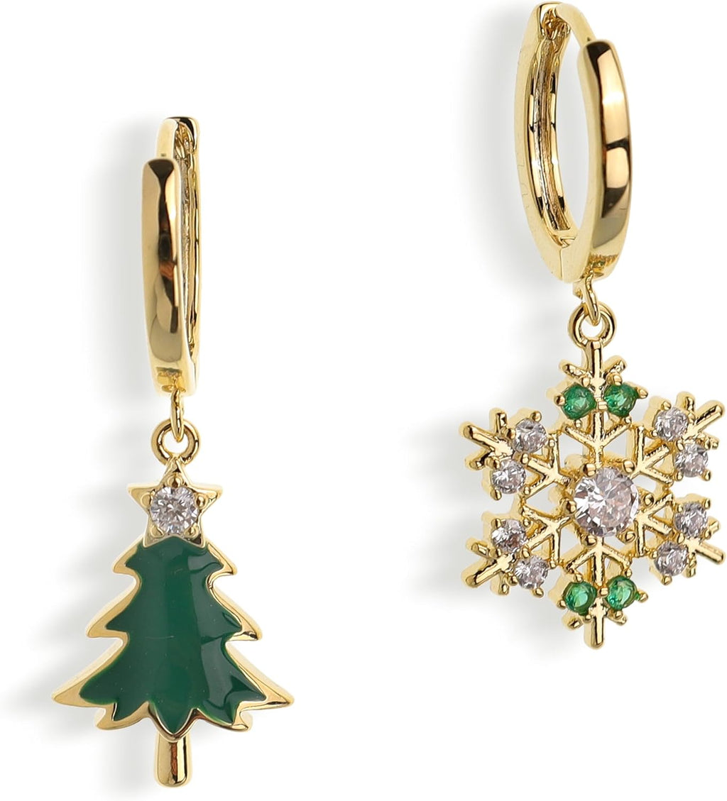 Christmas Tree Snowflake Dangle Drop Small Gold Hoop Earrings for Women Cute Green CZ Rhinestone Snow Xmas Holiday Earring Christmas Accessories Jewelry Outfit Gift - QIAO Crystal我的商店QIAO Crystal