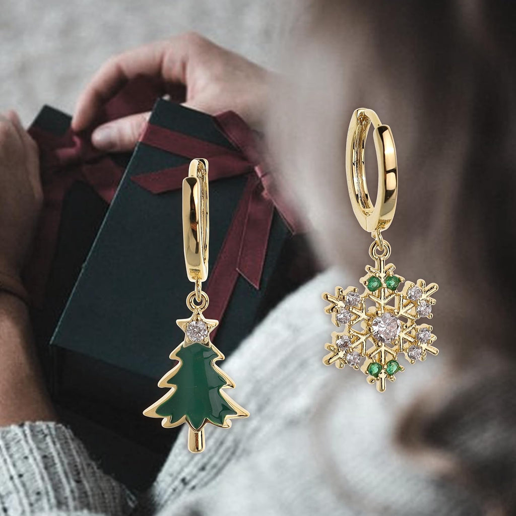Christmas Tree Snowflake Dangle Drop Small Gold Hoop Earrings for Women Cute Green CZ Rhinestone Snow Xmas Holiday Earring Christmas Accessories Jewelry Outfit Gift - QIAO Crystal我的商店QIAO Crystal
