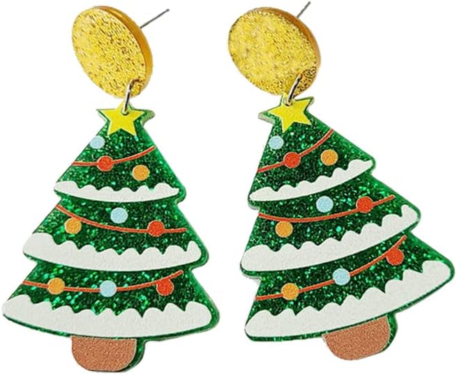 Christmas Tree Stud and Hoop Earrings - Acrylic Drop Dangle Jewelry With Gold Star, Green Tree, Santa Hat, Cute Alpaca - Festival Party Decoration - 我的商店我的商店我的商店