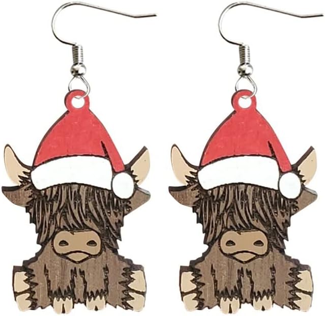 Christmas Wooden Earrings Cute Xmas Santa Claus Hippo Cow Hat Animals Drop Dangle Earrings for Women Lightweight Snowman Gingerbread Santa Tree Stud Earrings Holiday Jewelry Gift - QIAO Crystal我的商店QIAO Crystal