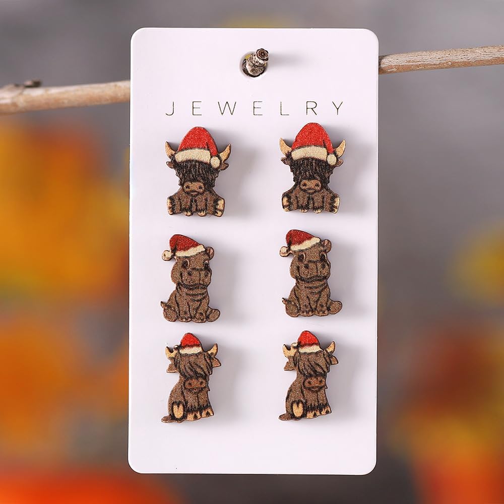 Christmas Wooden Earrings Cute Xmas Santa Claus Hippo Cow Hat Animals Drop Dangle Earrings for Women Lightweight Snowman Gingerbread Santa Tree Stud Earrings Holiday Jewelry Gift - QIAO Crystal我的商店QIAO Crystal
